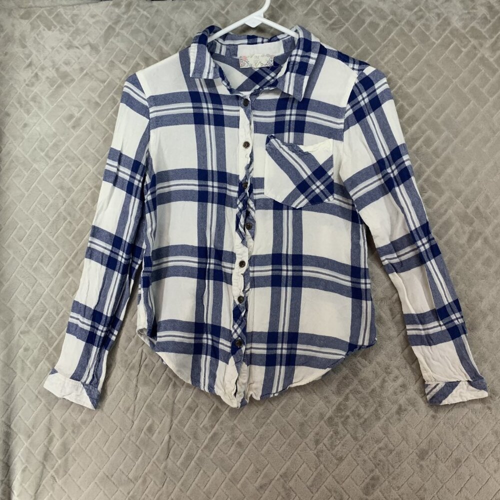 Pink Rose Shirt Womens S White Blue Plaid Soft Flannel Button Up Western